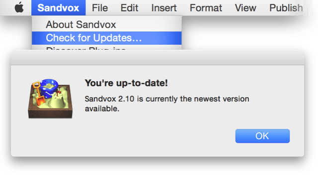 Sandvox screenshot; Check for Updates from Sandvox menu yielding ‘You’re up-to-date!’ alert message