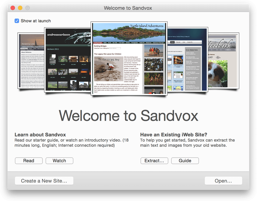 Sandvox screenshot of ‘Welcome to Sandvox’ window