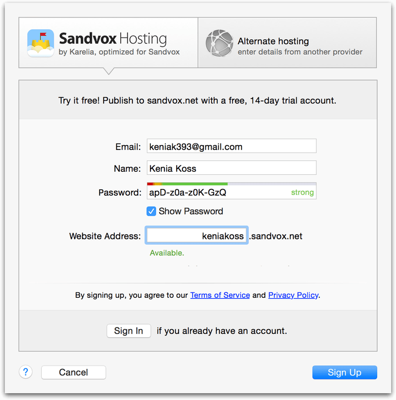 Sandvox screenshot of Setup Host, filling in email, name, a password, and a website address